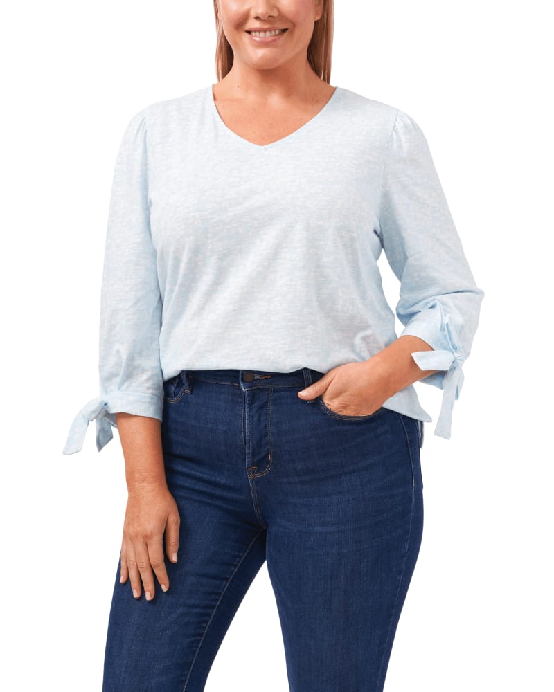 Front of a model wearing a size 1X Nadine Tie-Sleeve Top in 429-BAY SKY by CeCe. | dia_product_style_image_id:263564